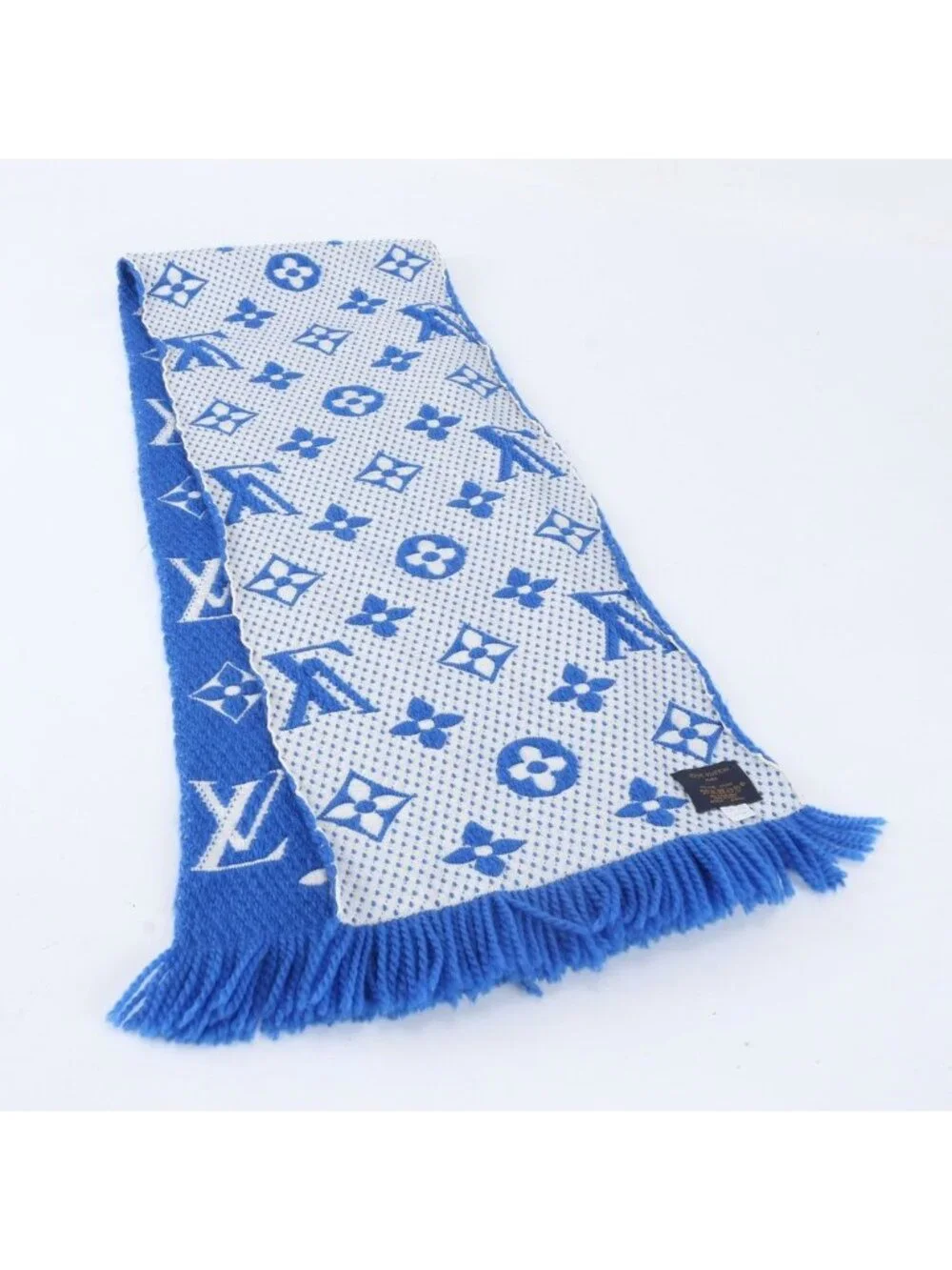 Louis Vuitton Tag Echarpe Logo Mania Silk Monogram Blue Scarf